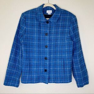 Cricket Lane Collection Wool Blend Textured Blue Plaid Blazer Jacket, Size 12